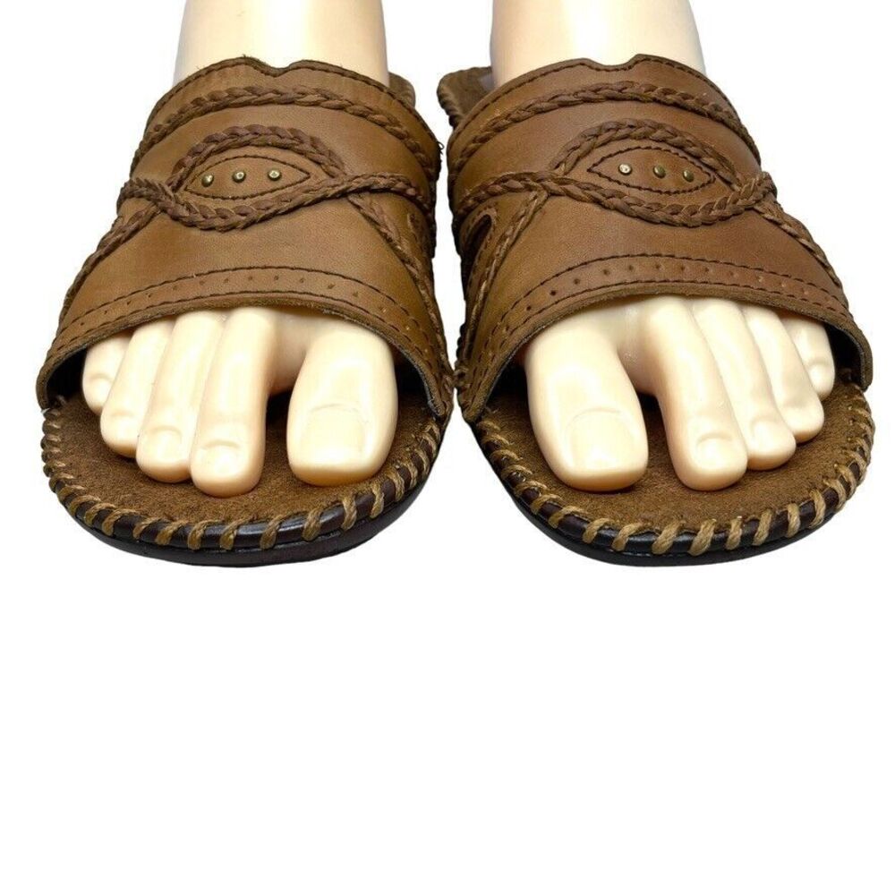 Isotoner Brown Leather Braided Detail Slip On Wedge Heel Sandals Slides Size 8.5 - Picture 3 of 12